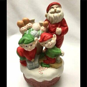 Santa Claus Music Box with Elves Porcelain Holiday Christmas Decoration